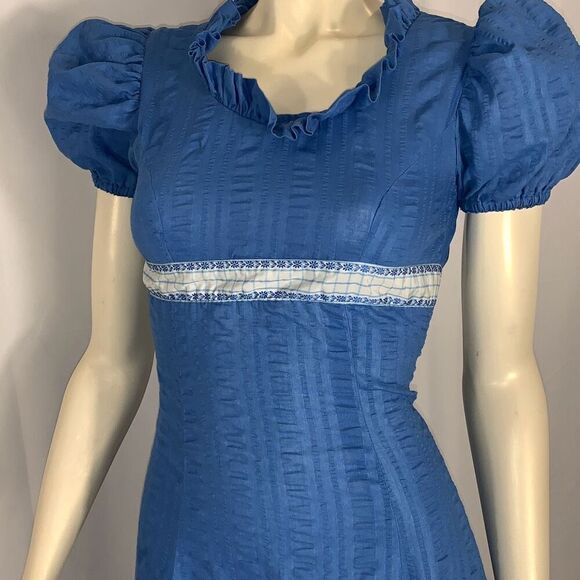 Vintage Blue Regency Handmade Puff Sleeve Empire Waist Maxi Dress Size XS - Picture 2 of 16
